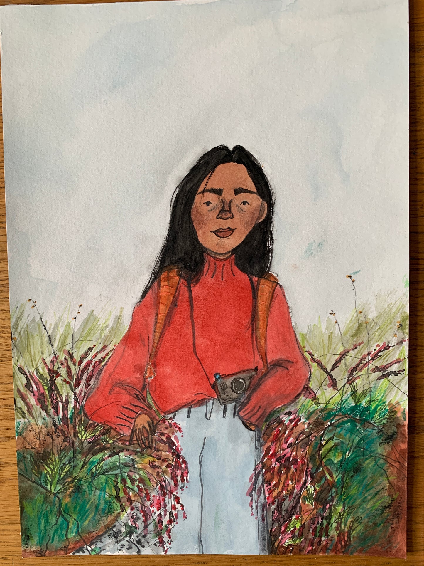 Original - Photographer in the heather in ink, watercolour and oil pastel.