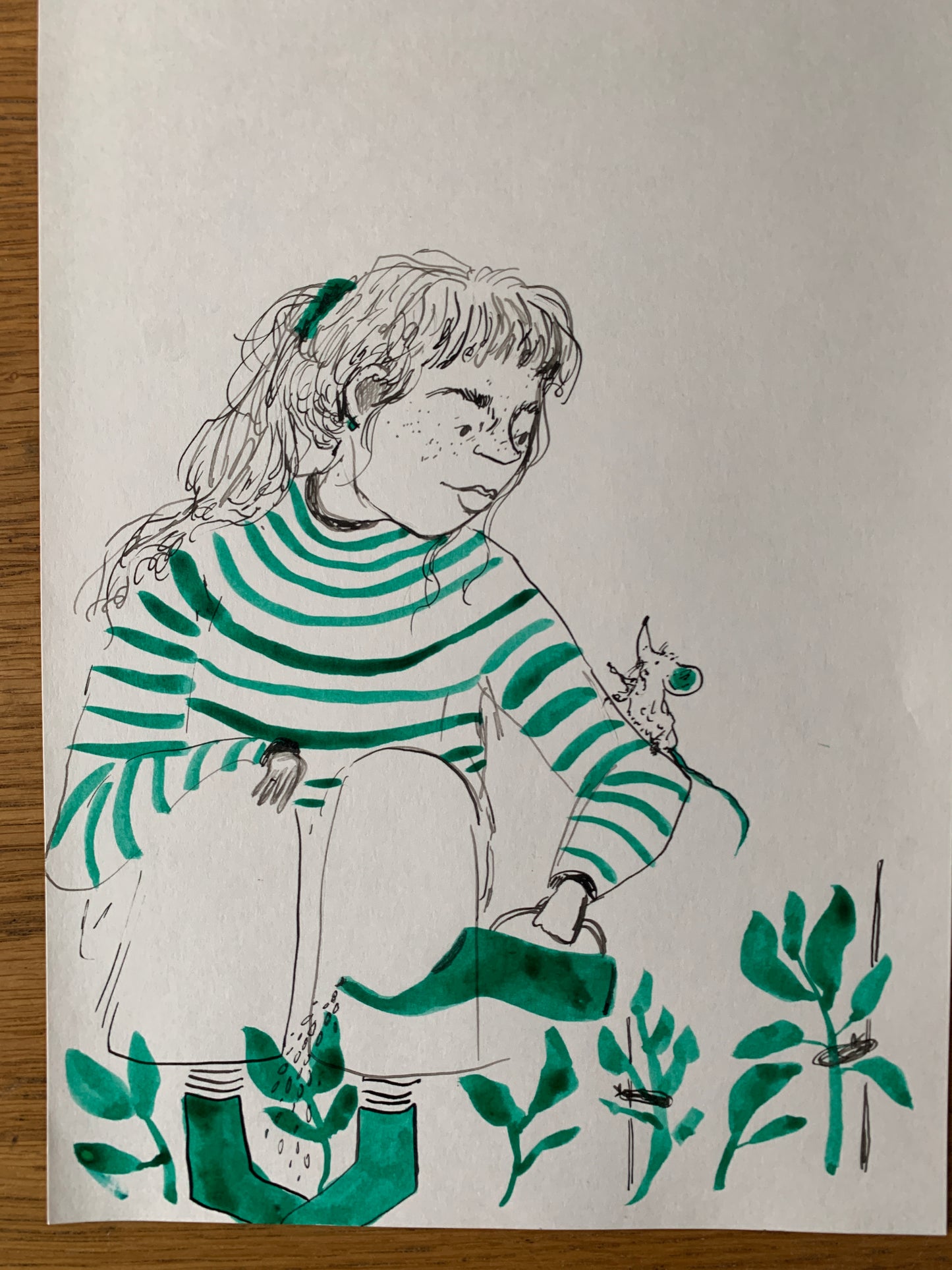 Original - Gardener with mouse in ink and watercolour