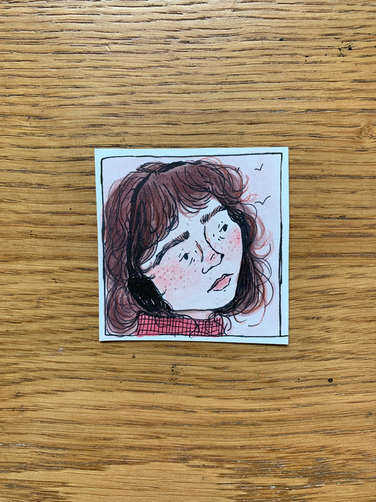 Original - Mini square portrait in ink and watercolour - windy day with the birds