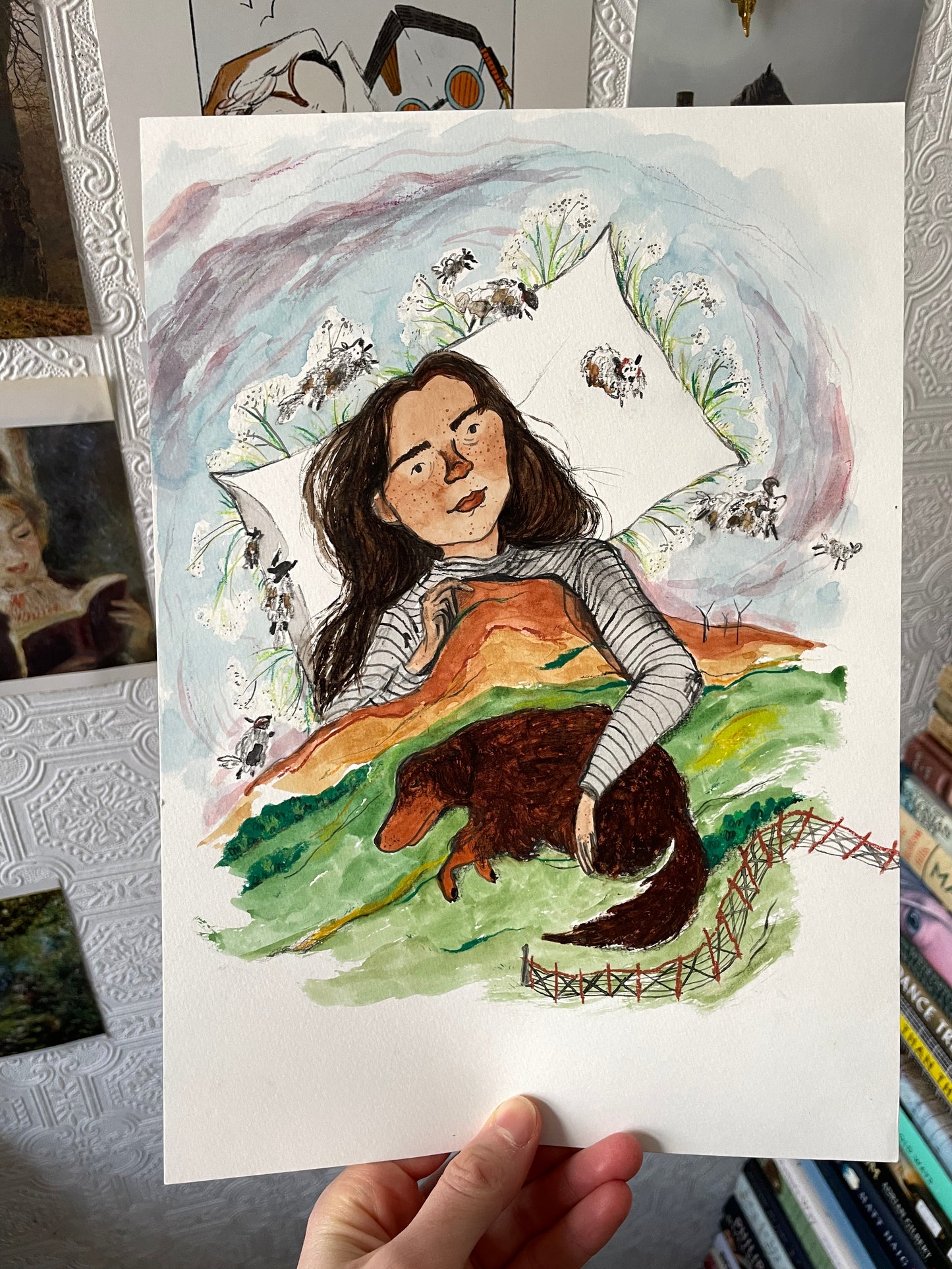 Original - Counting sheep in ink and watercolour