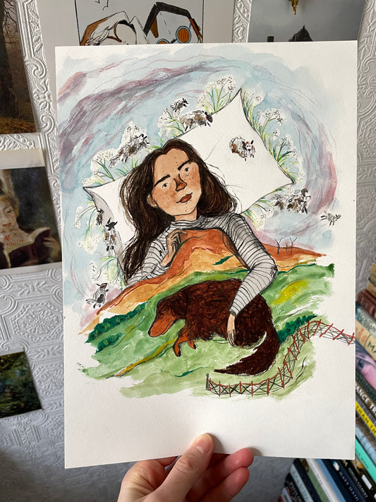 Original - Counting sheep in ink and watercolour