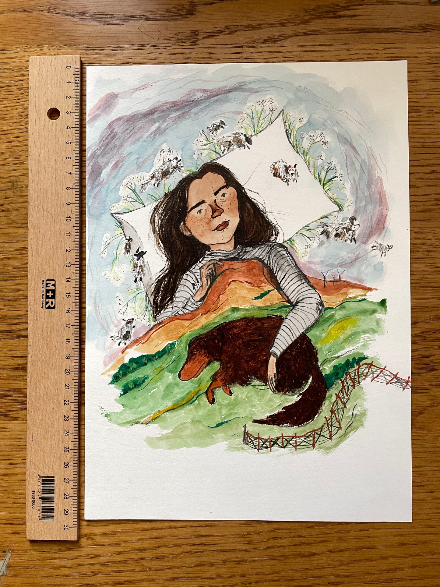 Original - Counting sheep in ink and watercolour