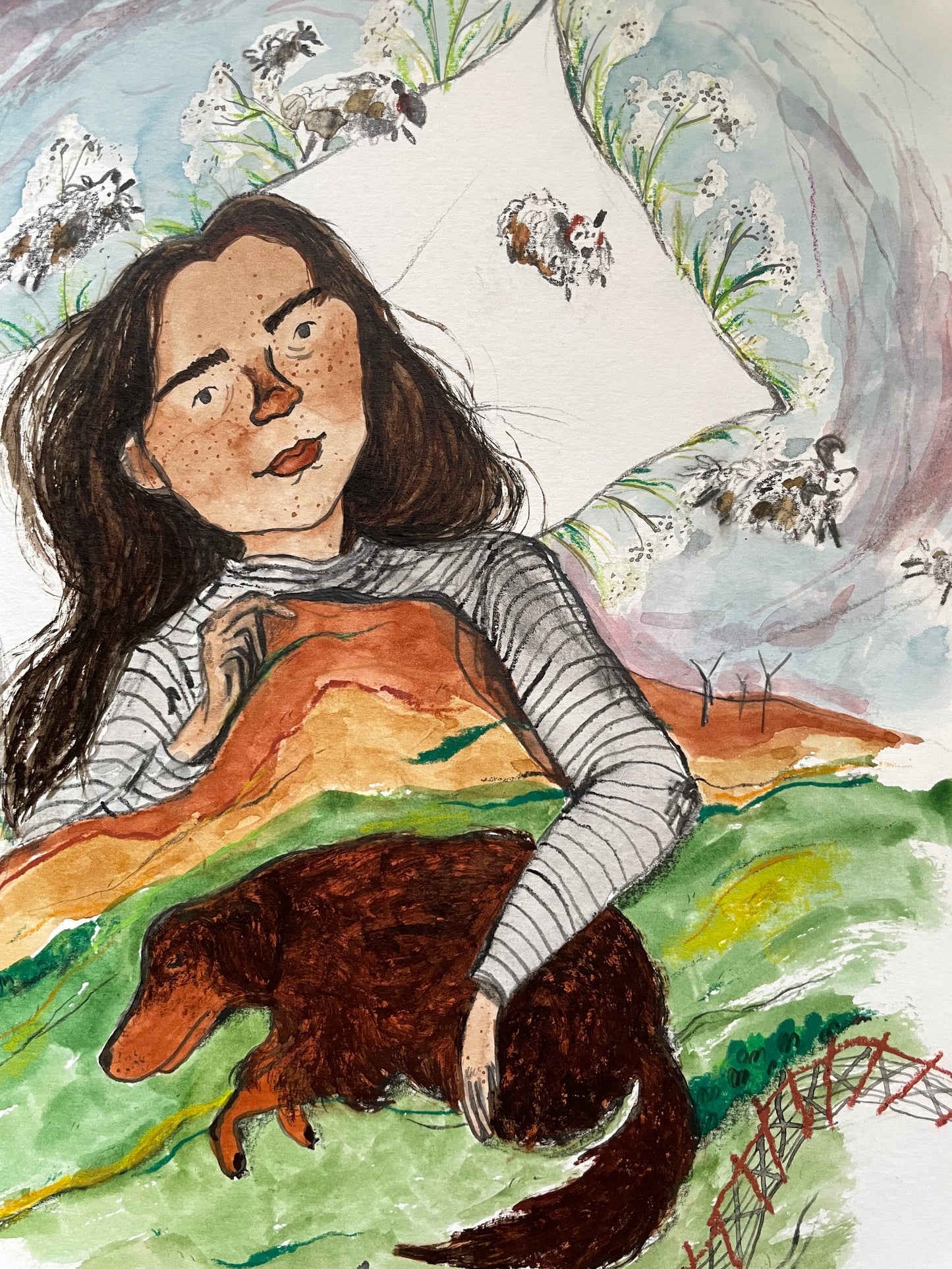 Original - Counting sheep in ink and watercolour